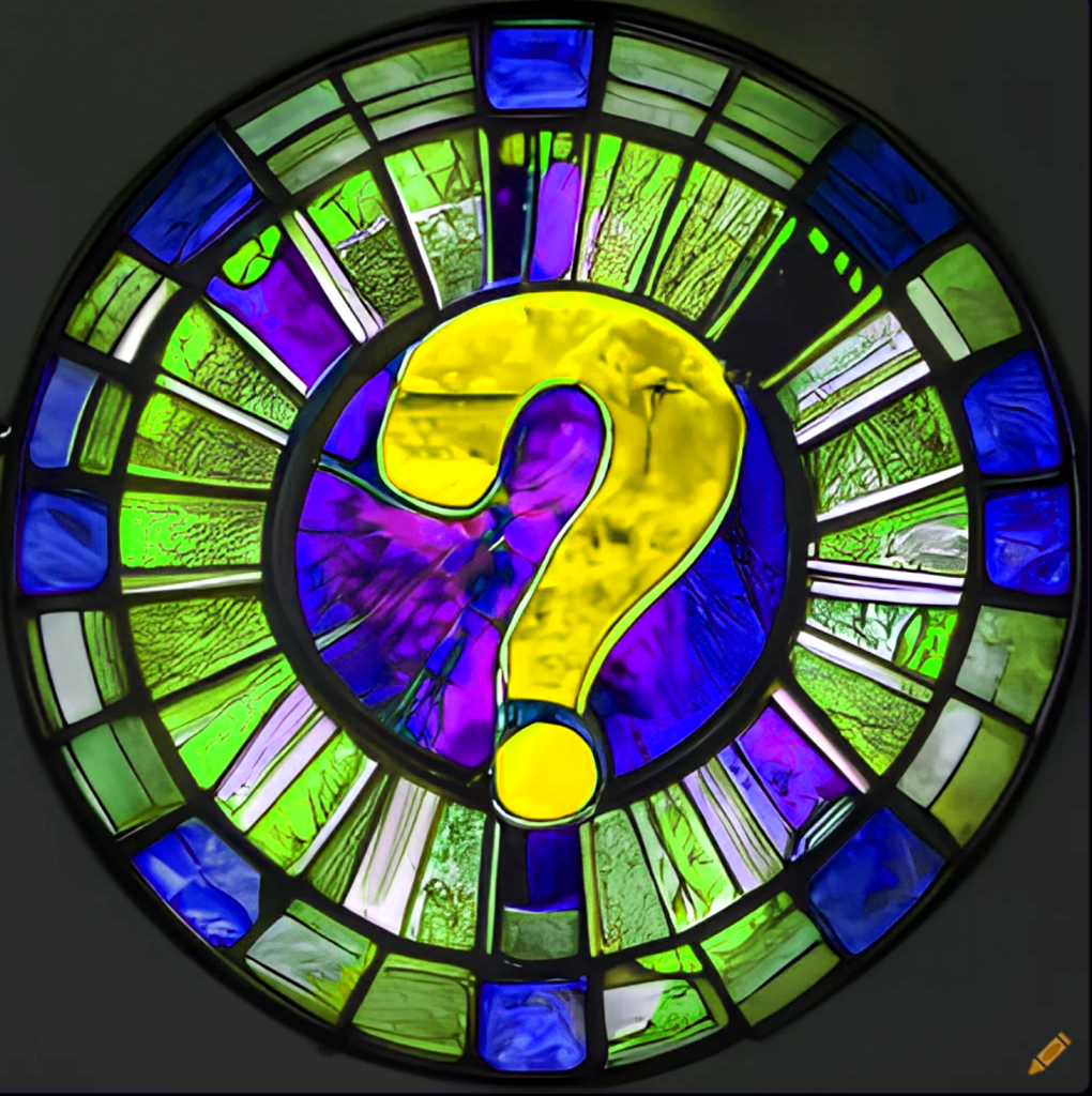 Question mark in a stained glass window.