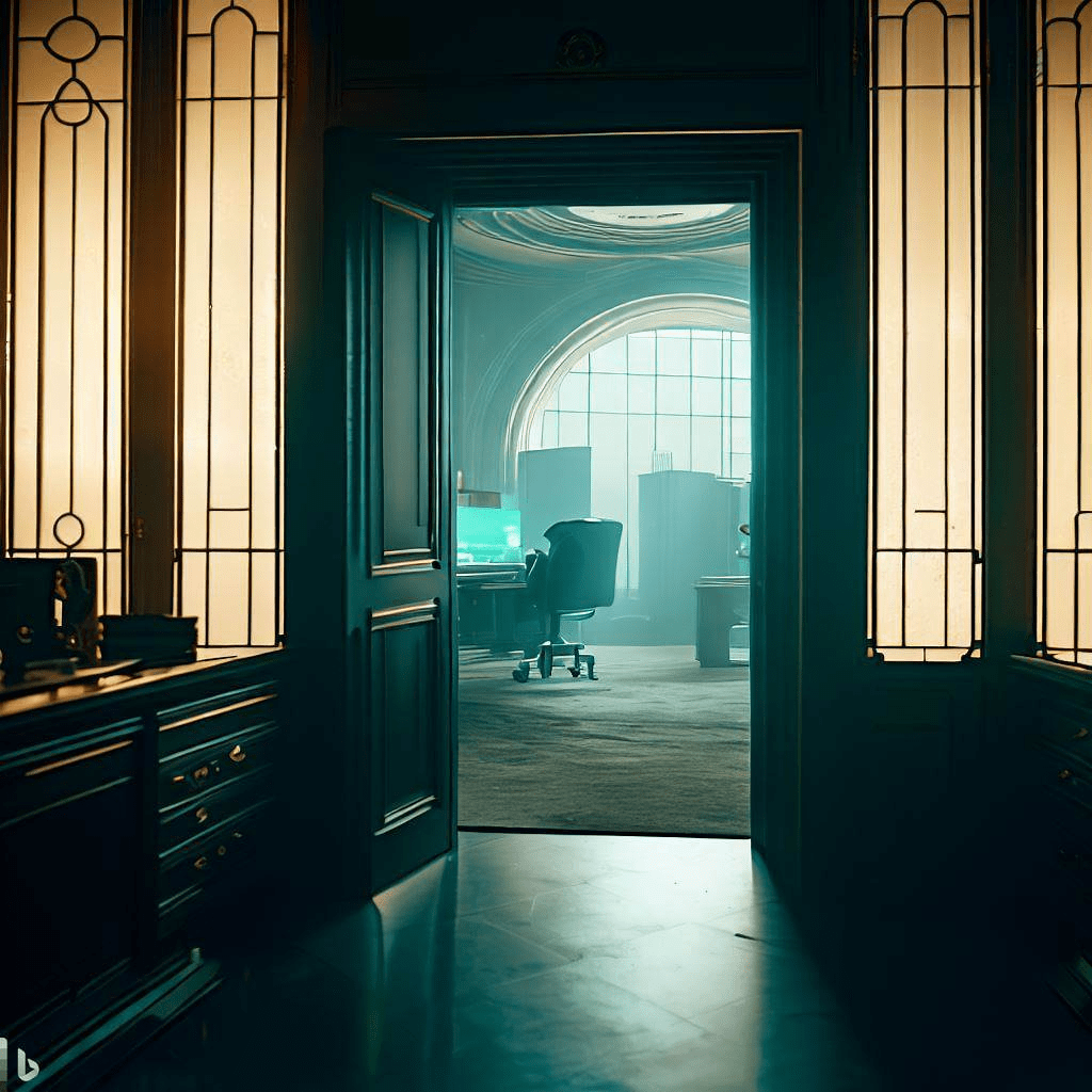 A plush office through a door