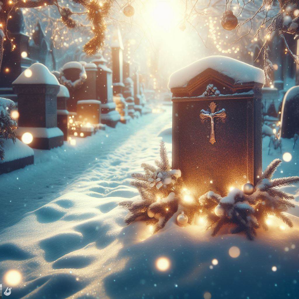 a grave at Christmas with a cross on it