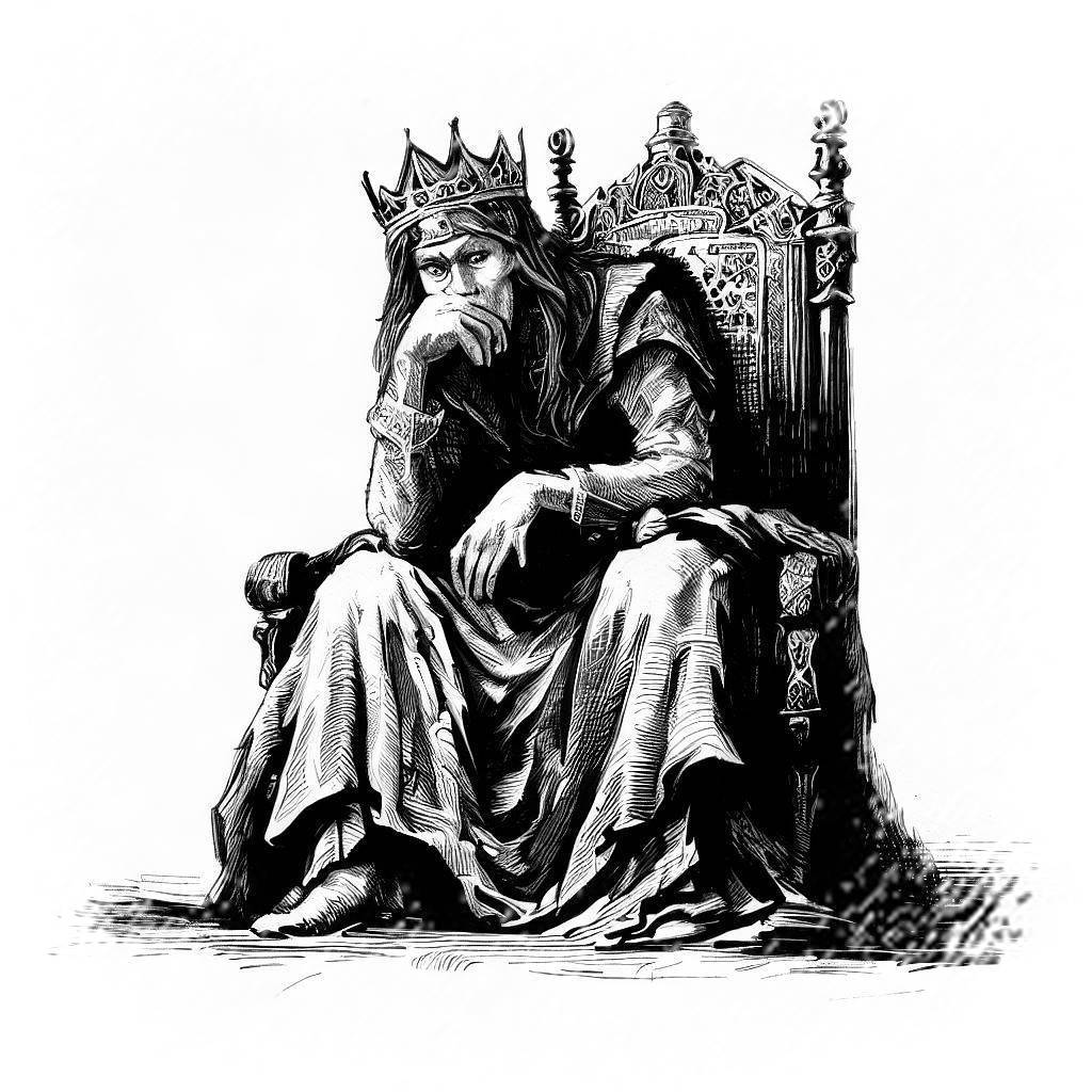 A king on a throne, looking sad