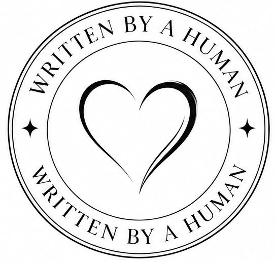 written by a human badge with heart in the centre